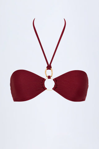 Hardware-Detail Ruched Halterneck Bikini Top in Dark Cherry